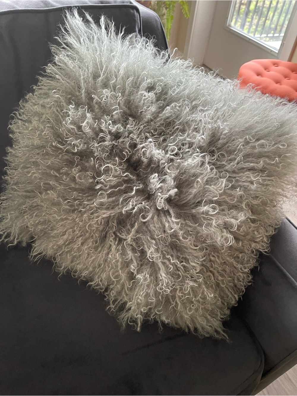 West Elm Fluffy Mongolian Lamb Fur Pair of Throw Pillows in Light Gray